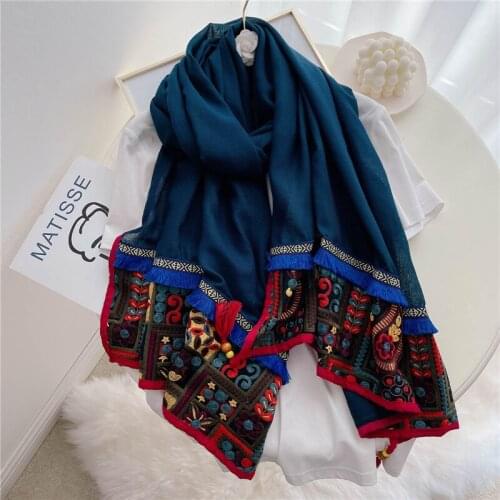 Fashion Cotton Women Scarf Hijab Luxury Headband Scarves Shawl Wrap Pashmina Soft Embroidery Tassel Pearl Beach Foulard 2021