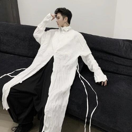 Mens Fashion Punk Gothic Oversize Long Shirt Youth Hip Hop Loose Party Folds Tops