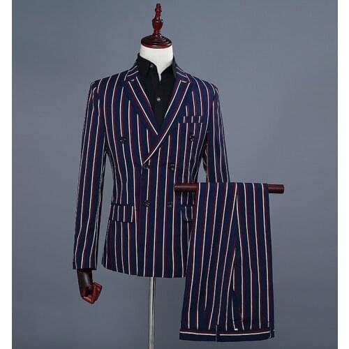 Mens Striped Groom Dresses Double Breasted Show Mens Suits England Breasted 2 Piece Suits Men Blue Men Dress Suits