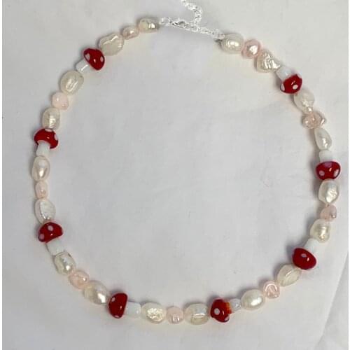 Boho Trendy Cute red Colorful Small Mushroom Pendant Necklaces For Women Punk Fashion freshwater pearl Necklace Jewelry colliers