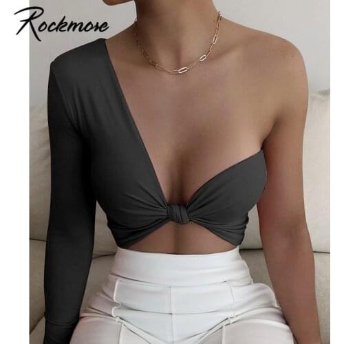 Rockmore Asymmetrical One-shoulder Off Cropped Tshirts Women Skinny Top Tees Sexy Short T-Shirt Summer Streetwear Korean Fashion