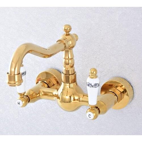 Gold Color Brass Double Handle Kitchen Faucet Wall Mounted 360 Degree Rotate Bathroom Kitchen Mixers Hot and Cold Tap Nsf609
