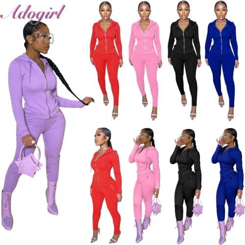 Fitness Activewear Autumn Two Piece Set Casual Solid Long Sleeve Zip Hooded Jacket Top Legging Sweatpants Outfit Sport Tracksuit