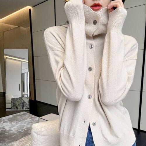 Hot sale ladies high neck 100% wool sweater solid color long sleeve knitted cashmere cardigan ATTYYWS brand Sweater single breas