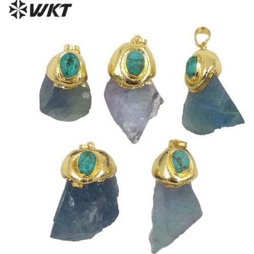 P1654 WKT new design natural raw blue rainbow fluorite stone pendant with turquoise women lady gold vintage boho style pendant