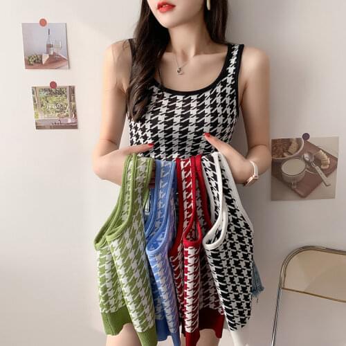 Women Tanks Tops Summer Top Woman Square-Neck Houndstooth Jacquard Knitted Stretch Camisole Camis Crop Top For Women