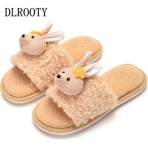 Women Flips Flops Winter Warm Fur Shoes Woman Slippers Fashion Rabbit Cartoon Solid Casual Platform Female Slides Flat Home