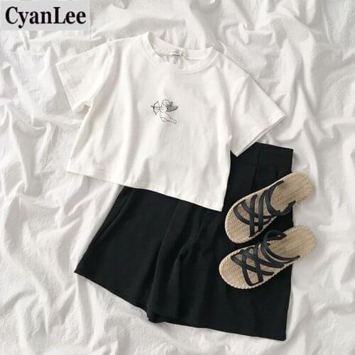 Cyanlee Two-piece Suit Women Summer White Printing Short Sleeve Top + High Waist Wide Leg Black Shorts Matching Set Cotton Suit