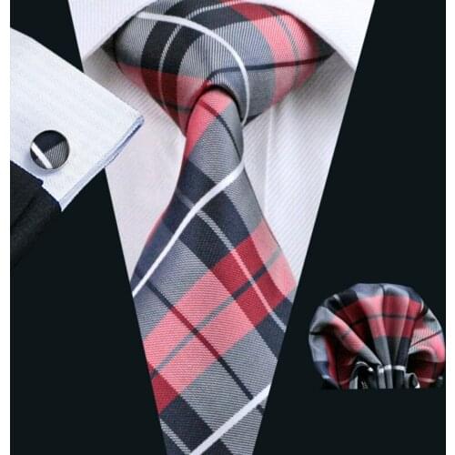 LS-342 Hot Tie Plaid Fashion 100% Silk Jacquard Woven Tie + Hanky + Cufflink Set For Men Formal Wedding Groom Party Free Postage
