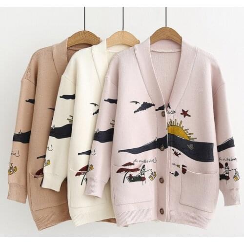 Zoki Women Cardigan Sweater Loose Print Autumn Cute Joker Knitted Jacket Casual Long Sleeve Oversize Winter Button Up Lady Coat