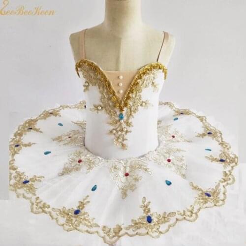 Girls Lake Swan Tutu Ballet Dress Women Ballet Dance Dress Gold Lace Ballerina Diamond Ballet Professional Performance Costume