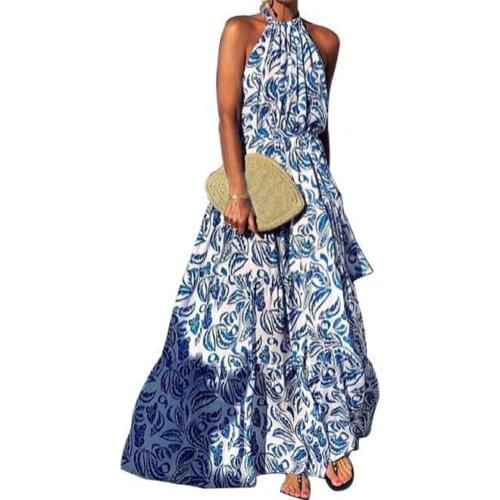 Plus Size Women Dress Elegant Summer Halter Sleeveless Leaf Print Tight Waist A-Line Vacation Party Dresses Banquet