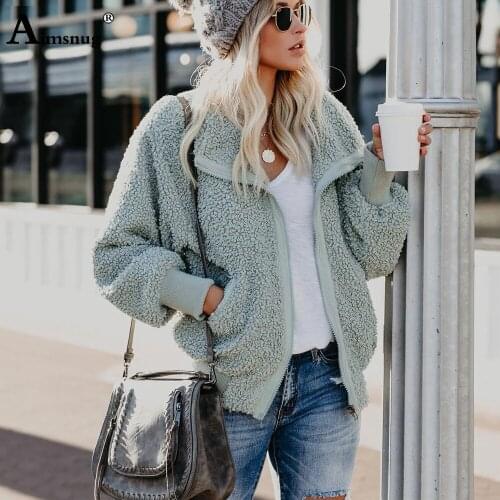 Aimsnug 2020 European and American Medium Standard Fur Jackets Lapel Collar Loose Coat Zipper Faux Fur Winter Women Warm Jacket