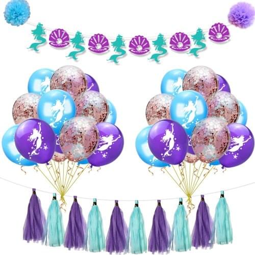 35pcs Mermaid Happy Birthday Banners Latex Balloons Tissue Paper Tassels For Girl Mermaid Birthday Party Favors And Baby Shower