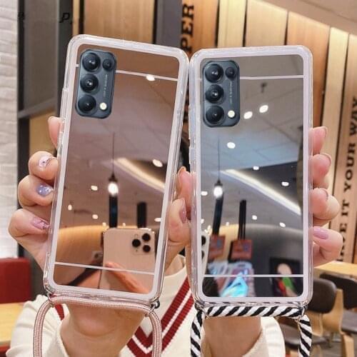 For OPPO A15 A74 A93 Reno 5 4 3Pro A3 A7 K1 K3 A79 A77 A71 A59 A33 R19 R17 R15 R11S R9 Luxury Mirror Strap Cord Chain Case Cover