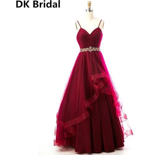 Custom-made Spaghetti Strap Burgundy Prom Dress Ball Gown Beaded Backless Organza Long Evening Formal Dress vestidos de gala