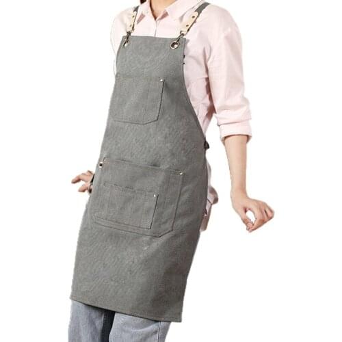 Denim Work Apron with 10 Pockets 1 Tool Ring Back Cross Workshop Apron for Men Carpenters Barber Chef Waiter Artists