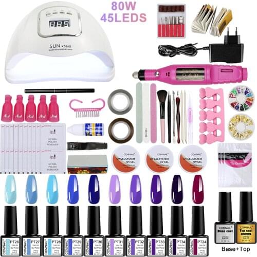 44Pcs/Set Gel Nail Set 80W Nail Lamp Electric Nail Drill 10 Colors Gel Varnish With Base Top Coat Salon Use Nail Art Tools Kit