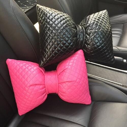 Classic Rhombic Grid Bowknot PU Leather Car Neck Pillow Waist Support Pillows Auto Seat Headrest Cover Car Interior Accessories