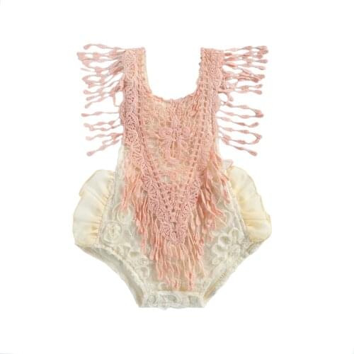 FOCUSNORM Princes Summer Infant Baby Girls Tassel Bodysuits Short Sleeve Lace Flowers Print Jumpsuits 0-24M