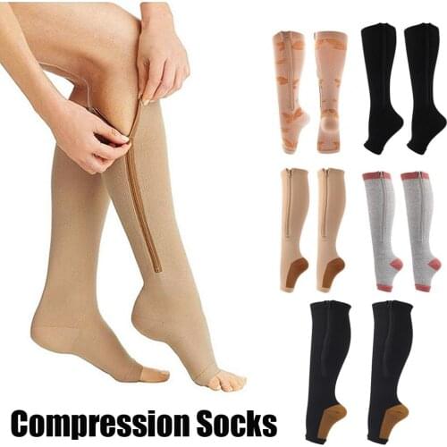 Unisex Open Toe Knee Length Zipper Compression Sockings Women Slim Sleeping Beauty Leg-Support Medical Prevent Varicose Veins