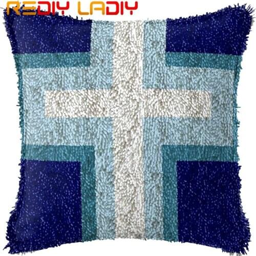 Latch Hook Cushion Blue White Cross Pillow Case Printed Color Canvas Acrylic Yarn Latched Sofa Pillow Crochet Cushion Cover Kits
