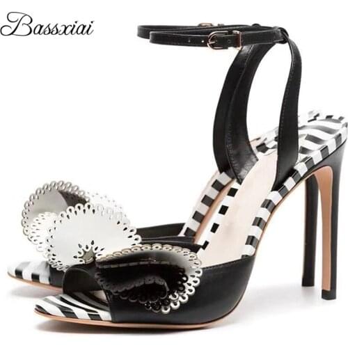 Pleated Ruffles Handmade Flower Sandals For Girls Ankle Strappy 10cm Thin High Heel Mixed Color Summer Sandalias