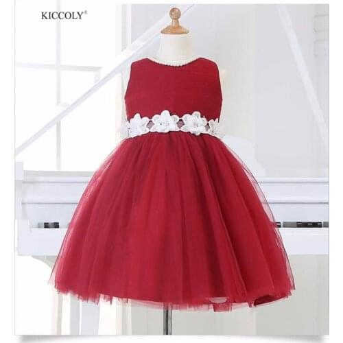 Hot Sale Red Tulle Ball Gown Baby Girl Wedding Birthday Dress Flower Girl Dresses With Handmade Flowers Belt 12M-12Y