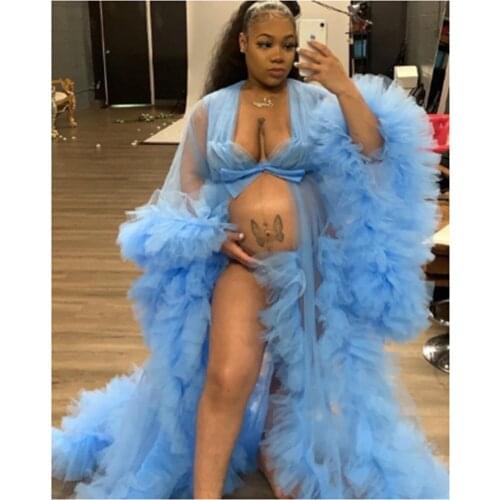 Lignt Blue Illusion Ruffles Tulle Long Sleeve Women Celebrity Dress Sexy Kimono Pregnant Party Sleepwear Female Sheer Nightgown