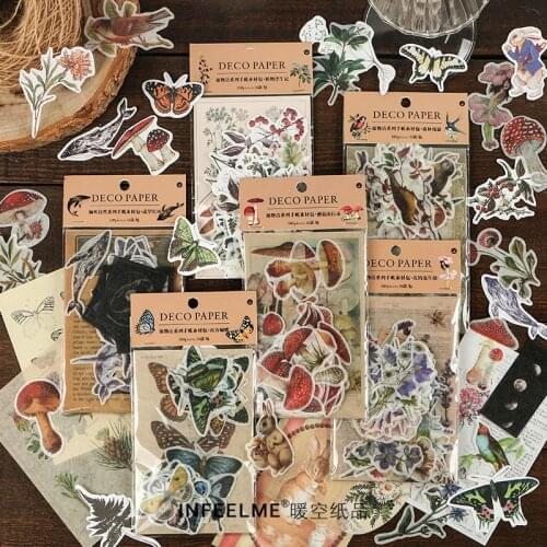 Material Paper Retro Plant Mushroom Hand Account DIY Decoration 100 Pieces Sticker Flakes Bullet Journal Notebook Stationery