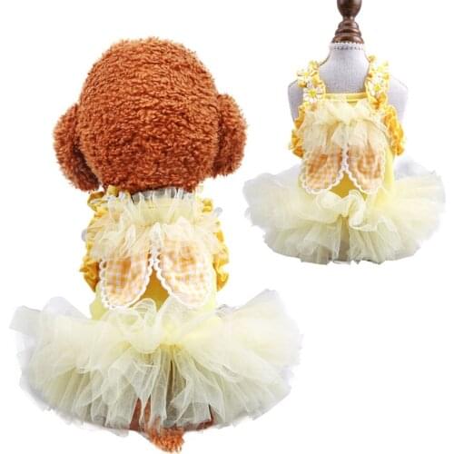Cute Pet Clothes Princess Dog Dress Evening Party Dress Sunflower Lace Shoulder Strap Tulle Rabbit Ears Tutu Skirt Cat Clothing