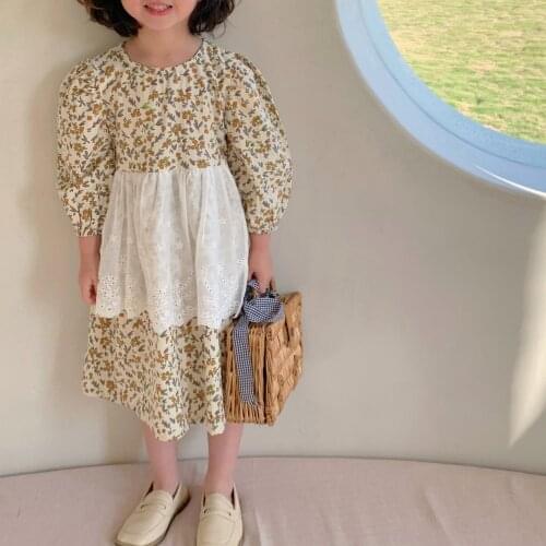 2021 New Spring Children Girls Dress Flower Print Korean Style Cute Lovely Kids Toddler Dress Lace Apron Lantern Sleeve Outfit