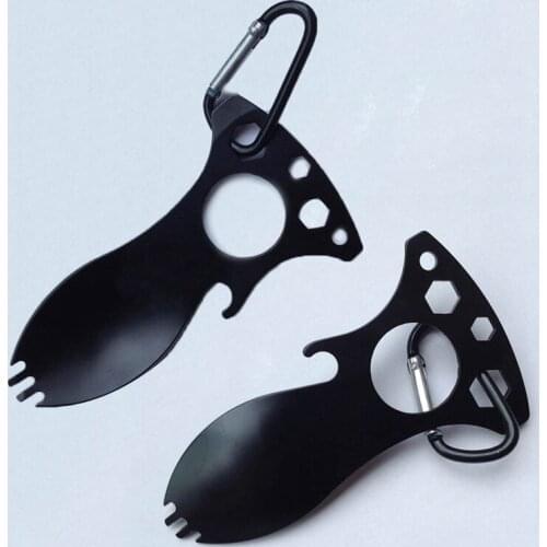 Outdoor Camping Portable Multi Functional Travel Kits Carabiner Screwdriver Fork Spoon EDC Tool Wrench 3 Hex Heads Bottle Opener