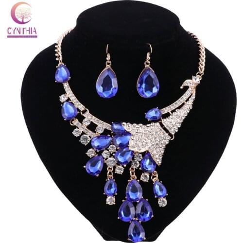 2017 New Design Silver Plated Clear Austrian Crystal Rhinestone Peacock Necklace Earrings Wedding Accessories Bride Jewelry Sets