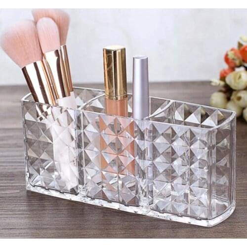 Clear Acrylic Makeup Brush Organizer Storage Case Pen/Pencil Holder 3 Grids Cosmetic Lipsticks Eyelash Brushes Organizer