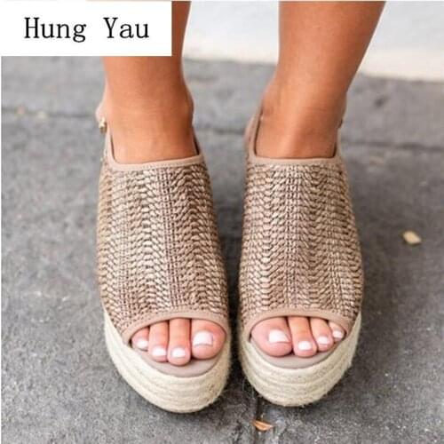 Women Sandals Hemp Weaving Shoes Breathable 2019 New Summer Fashion Wedges Slides Peep Toe Lady Casual Buckle Strap Plus Size