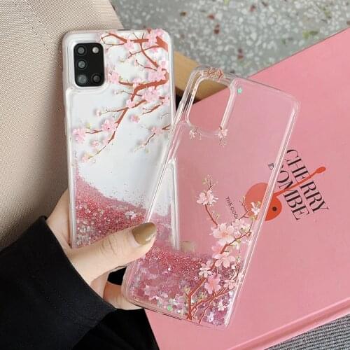 PINK Flower Liquid Glitter Silicone Case For Samsung Galaxy A51 A71 4G A11 A21S A31 A81 A91 Coque Dynamic Quicksand Star Cover