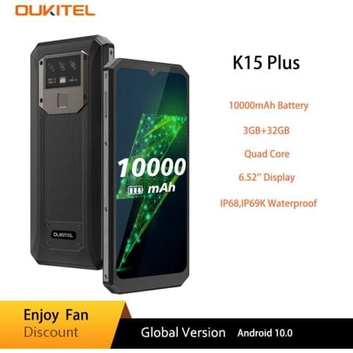 OUKITEL K15 Plus 10000mAh NFC Rugged Smart Phone 6.52" 3GB RAM 32GB ROM Cell Phone Quad Core Android 10 Mobile Phone MT6761 13MP
