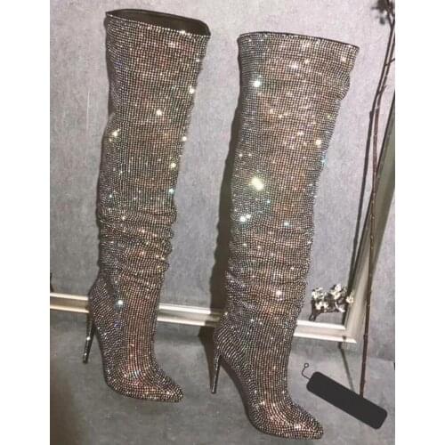 Sexy Shiny Full Drilled Crystal Thigh Boots Pointed Toe Thin High Heel Bling Bling Over Knee Rhinestone Boots Luxury Long Botas
