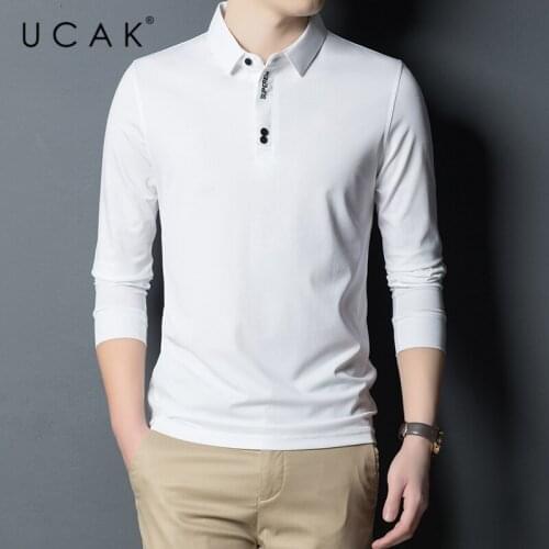 UCAK Brand New Fashion Solid Color Casual Silk T Shirt Men Clothes Spring Autumn Streetwear Turn-down Collar Tshirt Homme U5365
