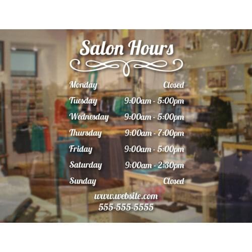 Salon Hours Store Business Hours Sign - Vinyl Decal Sticker Custom Business Hours Website Phone Window Sticker Waterproof BH08