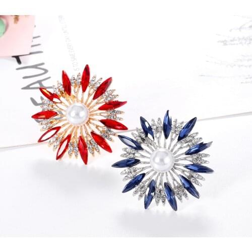 Vintage Blue Rhinestone Pearl Sun Flower Brooches for Women Enamel Brooch Pins Jewelry Accessories