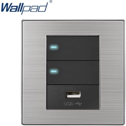 2019 Wallpad 2 Gang 2 Way With USB Charger 5V 1000mA Wall Power Charger Stainless Steel Satin Metal Panel With LED Indicator