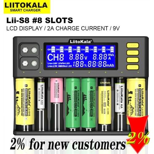 LiitoKala Lii-S8 Battery Charger Li-Ion 3.7V NiMH 1.2V Li-FePO4 3.2V IMR 3.8V charger for 18650 26650 21700 26700 AA AAA