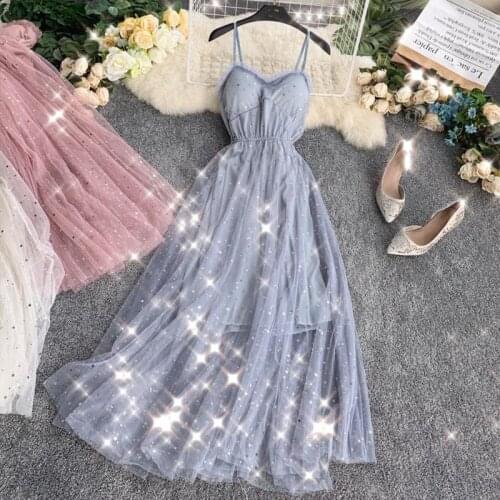 FTLZZ Women Sequins V Neck Mesh Dress Summer Chest Cushion Waist Bling Gauze Fairy Dress Female Sling Ruffles A-line Dresses
