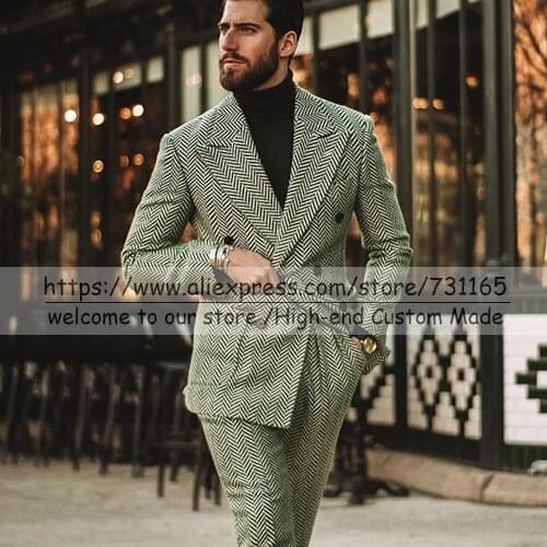 Winter Tweed Wool Blends Peaked Lapel Grey Jacket WIthi Pants Herringbone Tuxedo Wedding Marriage Formal Mens Suits 2021 Terno