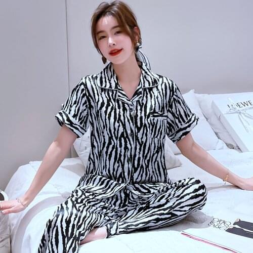 2021 Summer Short Sleeve Long Pants Silk Satin Pajama Sets for Women Cartoon Zebra Print Sleepwear Homewear Pijama Mujer Clothes