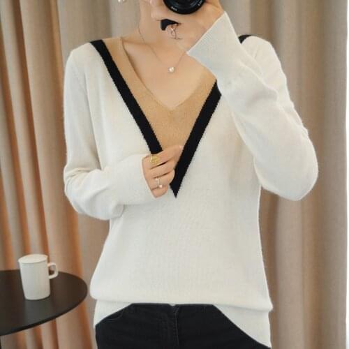 BELIARST Autumn and Winter New Style 100% Pure Wool Sweater Woman V-Neck Pullover Loose Stitching Wispy Knit Bottoming Sweater