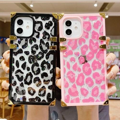 Square Leopard Print Glitter Phone Case For iphone 12 Mini 11 Pro XS Max X XR 7 8 Plus SE 2020 Luxury Silicone Soft Clear Cover