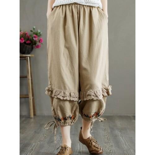 Harajuku Mori Girl Summer High Waist Elastic Waist Casual Pants Lace-up Vintage Wide-leg Baggy Cargo Pants Women Boho Trousers